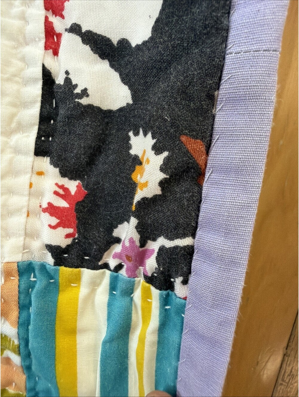 VTG 1970s Quilt Hand Stitched Squares Awesome Retro Fabrics Colorful 56x77” - Picture 10 of 15
